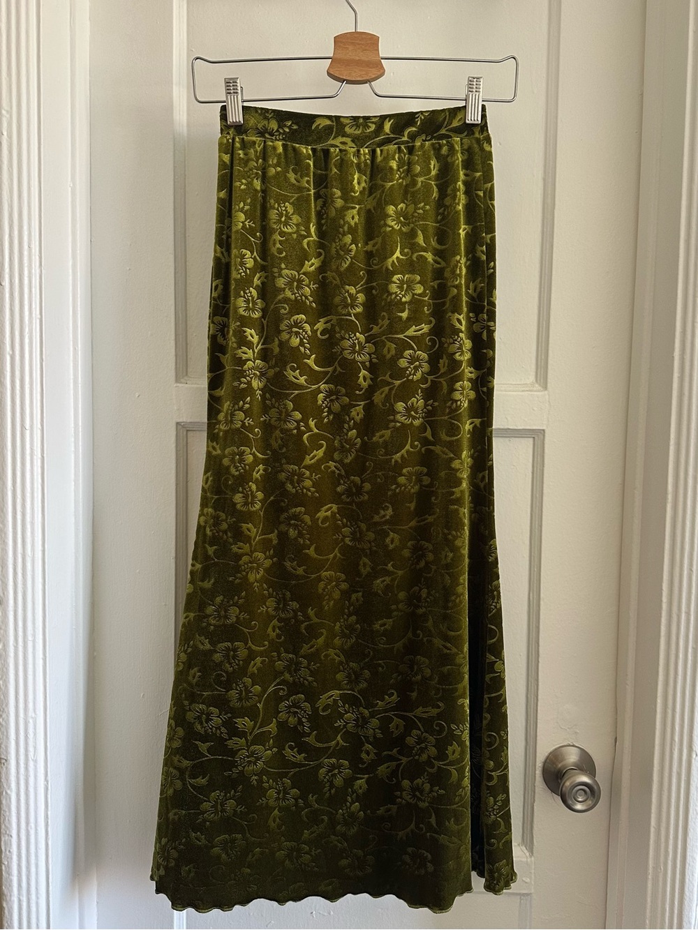 Cider Olive Green Velvet Floral Jacquard Maxi Skirt